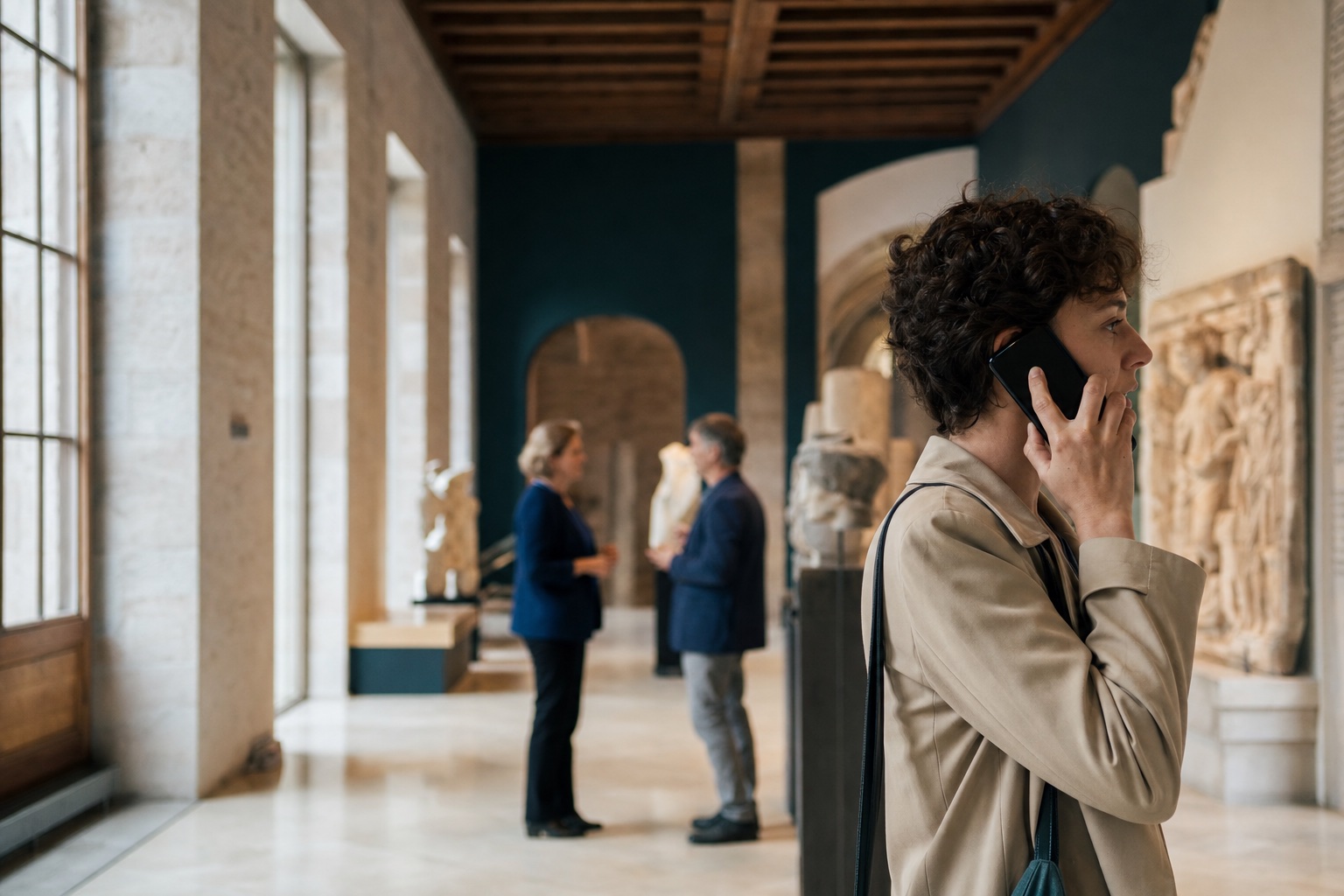 Museum visitor listening to a phone audio guide while venue staff confer in the gallery