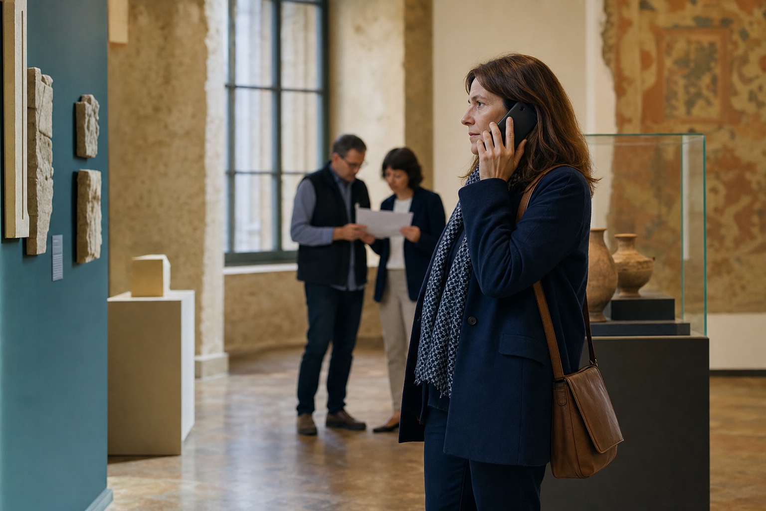 Museum visitor listening to a phone audio guide while venue partners review a route in the background