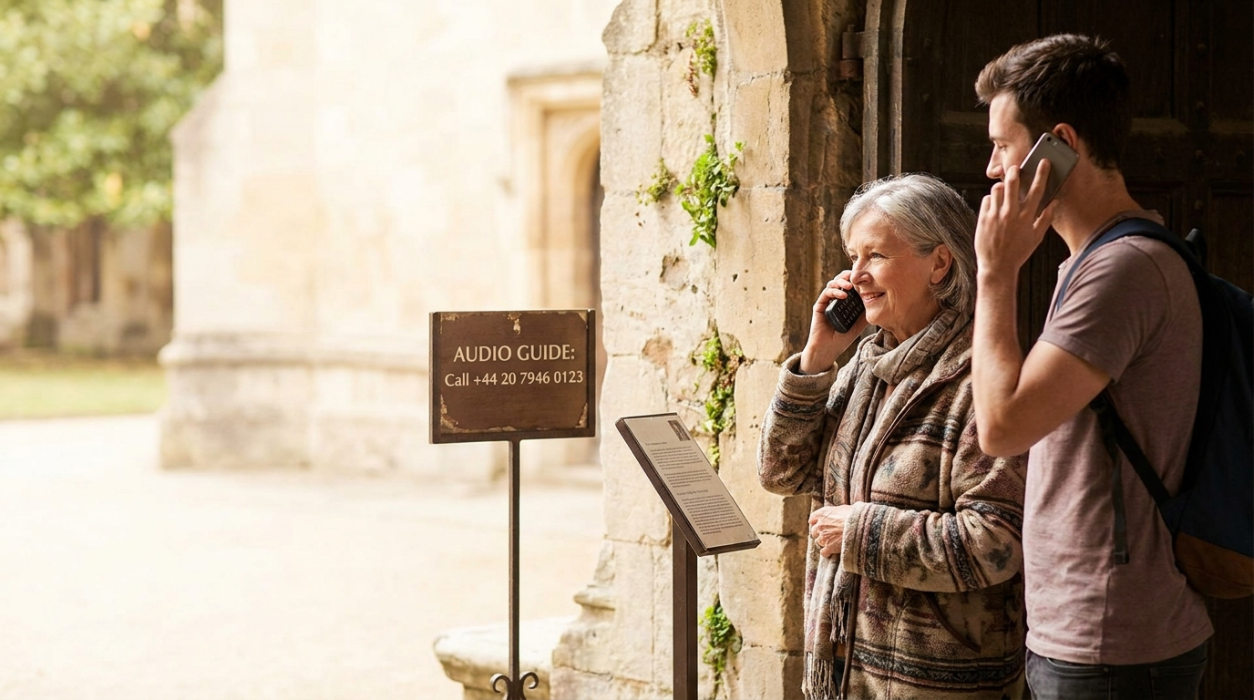 Visitors listening to a phone audio guide at a heritage site