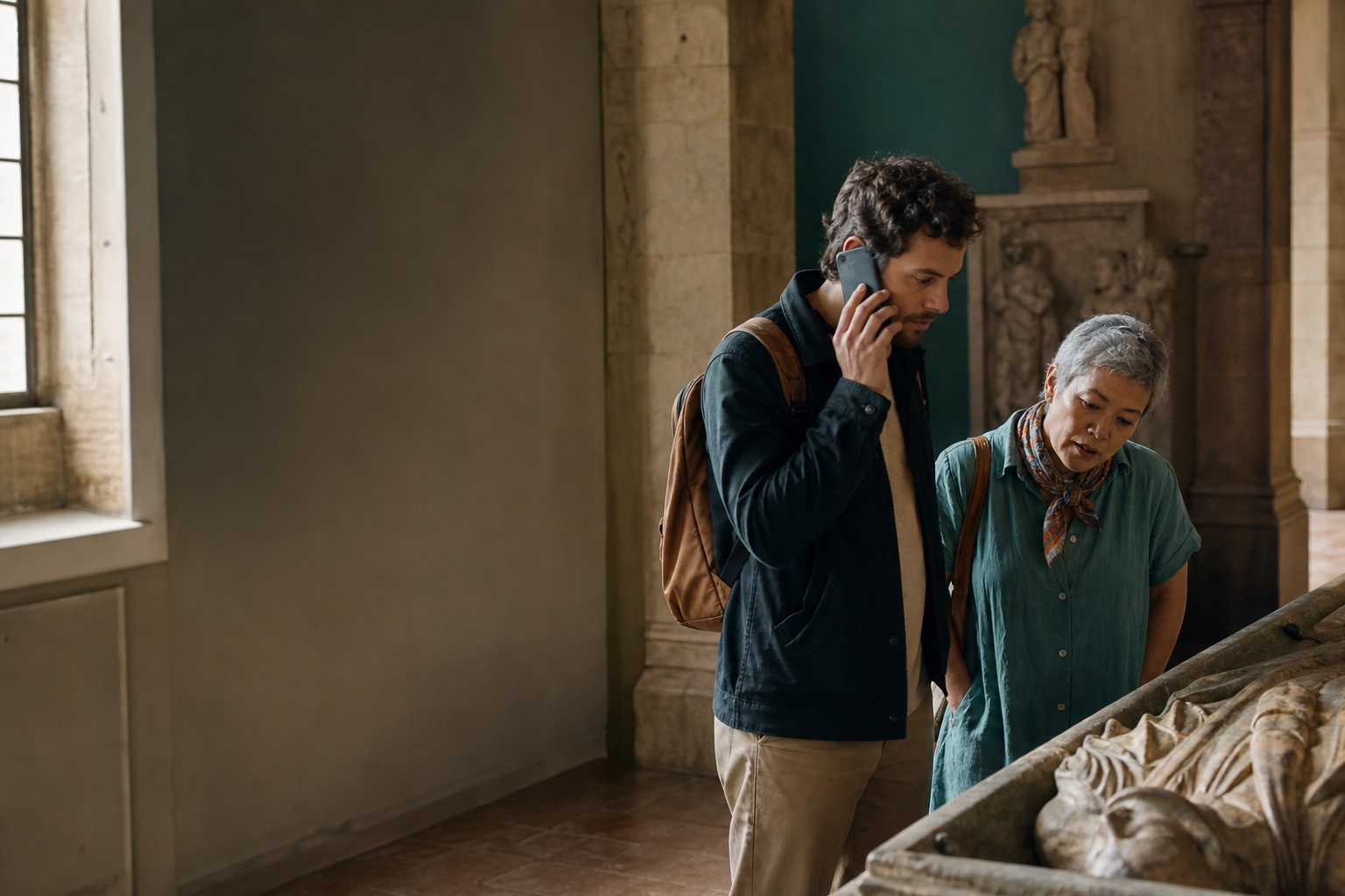 Two visitors exploring a historic museum while one listens to a phone audio guide